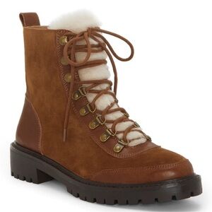 NWOB Lucky Brand Iliana Suede Sherpa Wool Lace Up Boots In Cedar Brown, Size 7